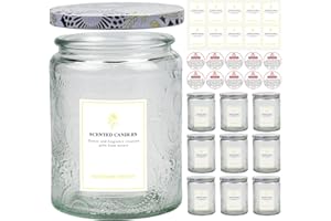 Creahaus Lot de 9 pots à bougies en relief de 250 ml pour la fabrication de bougies, récipients vides en verre avec couvercles en étain et étiquette autocollante, étiquette d'avertissement pour la