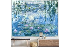 IcosaMro Lotus gobeläng vägghängande Monet näckrosor blommor blommig väggkonst med fållade kanter, väggfilt heminredning för