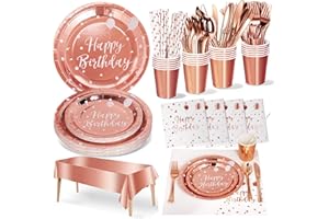 Nkaiso Party Tableware 161Pcs Rosegold Happy Birthday Theme Kids Birthday Decoration Party Accessories Set Includes Paper Plates Napkins Cups Knive Fork Spoon-20 Guests