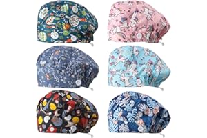 Syhood 6 Pieces Button Bouffant Surgical Caps Nursing Hats Adjustable Printed Sweatband Working Caps for Women Men Nursing Surgical Hats with Button Multicolored, Multicoloured, One Size