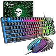 Wired Mechanical Feel Gaming Keyboard and Mouse Set Rainbow LED 104 Keys USB illuminated light up Keyboard 2400DPI 6 Buttons Optical Gaming Mouse Mice+Gaming Mouse Pads for PS4 Xbox PC Laptop Black