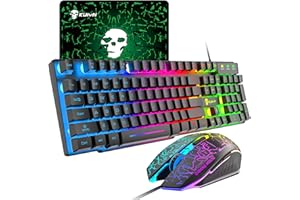 URCHOICELTD Kabelgebundenes mechanisches Gefühl Gaming-Tastatur und Maus-Set Regenbogen-LED 104 Tasten USB-beleuchtete Tastatur 2400DPI 6 Tasten Optische Gaming-Maus Mäuse+Mauspads für PS4 Xbox PC Laptop Schwarz