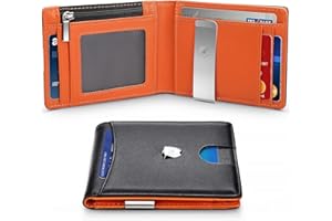 WONSEFOO Wallets RFID Blocking with Money Clip, Bi-fold Slim Genuine Leather Minimalist Mini Wallet with Coin Pocket, Credit Card Slots, ID Window for Gents Men with Gift Box-Black & Orange