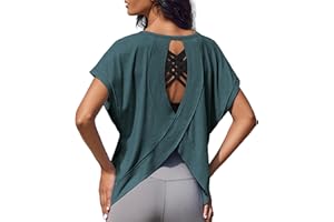 Weardear Damska koszulka sportowa z krótkim rękawem, funkcyjna, bez pleców, luźny krój, sportowa, oddychająca, na siłownię, jogę, trening, fitness, długi top na lato