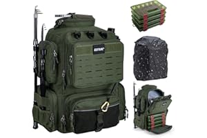 Goture Angelrucksack mit 4 Köderbox Angeln, 45-Liter Angelzubehör-Rucksack mit Zwei Rutenhaltern und Regenschutz, 900D Oxford-Gewebe Wasserabweisende Angelgerätetasche mit verstellbarem Fach