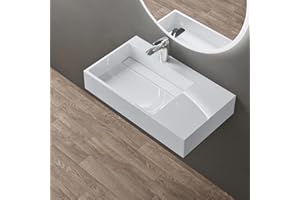 DOPORRO Colossum12 Izquierdo en Blanco de Mármol Fundido - Lavabo de Diseño 75x43x14cm con Desagüe Oculto Apto para Encimera y Suspensión