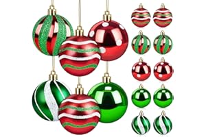 ilauke Zestaw 30 bombek choinkowych z tworzywa sztucznego, kolor czerwony, zielony, 6 cm, nietłukące, 5 stylów, bombki choinkowe z zawieszką, do poręczy schodowych, girland i choinek