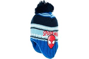 Marvel Spider-Man - Bonnet d'hiver pour enfant - En tricot - Avec cache-oreilles - Bleu - Chaud - Doublure en polaire - Article sous licence - Cadeau pour garçons