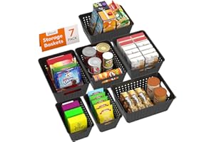 Lifewit Cestas Almacenaje Plastico, 7 Paquetes Apilable Cajas Organizadoras, Caja de Múltiples Dimensiones para Estanterias/Cocina/Armarios/Baño/Oficina, 5 Grandes y 2 Tamaños Pequeños, Negro