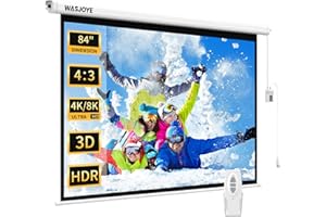WASJOYE 84"Motorized Projector Screen Electric Diagonal Automatic Projection 4:3 8K HD Movies Screen for Home Theater Cinema Office Video Game Indoor W/Remote Control and Wall/Ceiling Mount