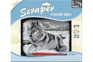 MAMMUT SPIEL & GESCHENK MAMMUT 137011 – obraz do zdrapywania, motyw wilka, srebrny, błyszczący, poprzeczny, kompletny zestaw z nożem do zdrapywania i arkuszem do ćwiczeń, skrobakiem, drapaniem, bazgrołem, zestaw do zdrapywania dla dzieci od 8 lat