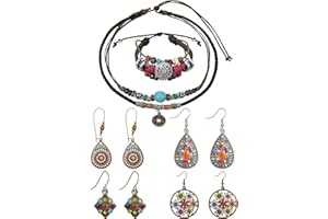 Hicarer Leather Necklace Bead Choker Adjustable Vintage Turquoise Necklace Handmade Woven Beaded Bracelet with 4 Pairs Bohemian Vintage Dangle Earrings Jewelry for Women