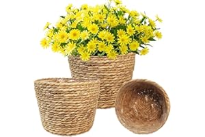 KMERCE 3Pcs Caches Pot Plante en Osier, Panier à Plantes d'Intérieur, Pots de Fleurs Jardin décoratif en jonc de mer Seagrass, Panier de Rangement, diametre 18cm, 22cm, 25cm