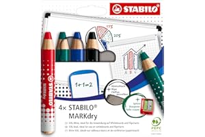 STABILO MARKdry - Crayon marqueur - Etui carton x 4 Crayons Ardoises et Tabeaux Blancs, Crayon Large à Mine XXL, Effaçable, Taille-crayon + chiffonnette - Coloris assortis noir, bleu, rouge, vert