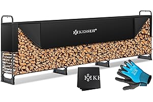 KESSER® Étagère à Bois de Cheminée en Métal - Extérieure, Cadre en Acier + Couverture & Gants - Abri de Chauffage 590kg - 390x36x117cm