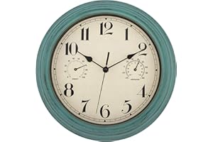 Foxtop Indoor Outdoor Waterproof Wall Clock with Thermometer and Hygrometer Combo, 12 inch Retro Silent Non-Ticking Battery Operated Round Clock for Yard Living Room Decor (Green)