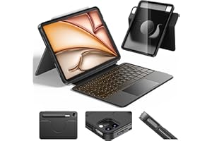 HOU Clavier Rotative pour iPad Air 11 (M3/M2) 2025, Coque Magnétique Détachable avec Clavier pour iPad Pro 11 (4e/3e/2e/1re Gén) et Air (7e/6e/5e/4e Gén), avec Pavé Tactile, Rétroéclairage - Noir