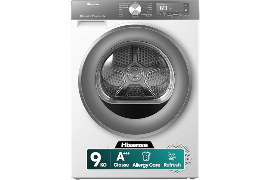 Hisense DH3S902BWCCA Heat Pump Dryer, 9 kg, A+++/C, Big Display, 16 Programs, Refresh, WiFi, Reversible Door, White/Silver