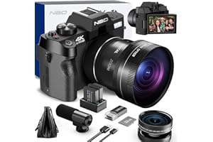 NBD Cámara Digital 4K 48MP con Enfoque Automático: Zoom 16X, Pantalla Giratoria 3" 180°, WiFi – Lente Gran Angular/Macro + Micrófono Externo + Tarjeta 32GB + 2 Baterías(Negro)