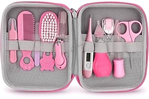 LOIIERU 11 Teilige BabyPflegeset Neugeborenen-Babypflegezubehör,Tragbare Baby Safety Care Set mit Haarbürste Kamm Nagel Clipper Nasal Aspirator Baby für Kindergarten Neugeborene Jungenmädchen(Rosa