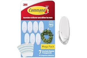 Command Crochets Ovales Transparents Moyens avec Languettes Transparentes, Lot de 7 Crochets et 10 Languettes - Pour Accrocher et Décorer Sans Abîmer