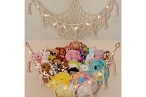 LILLY'S LOVE Stuffed Animal Storage Macrame Hammock w/String Lights, Large - Boho Room Decor Toy Storage - Corner Hanging Plushie Stuffed Animal Net Organizer (White)