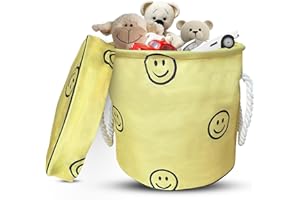 MISHMASH® Toy Storage Basket With Lid – Collapsible Basket With Waterproof Fabric for Children/Toddler/Baby – 35 x 35cm Toy Storage Bag Unit – Multipurpose Basket in 4 Cute Designs (Smiley)