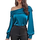 GRACE KARIN Donna Camicia Raso di Seta Spalle Scoperte Cold Shoulder Design Camicia Satinata a Manica Sbuffo Elegante Vintage