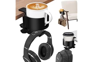 Winter Shore Posa Vasos 2 en 1 con Colgador para Auriculares - Soporte Organizador de Escritorio - Aleación de Aluminio de Alta Carga - Pinza Portavasos Antiderrames con Gancho Giratorio 360º