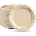 GREENESAGE Rigid 7 inch 50 Pack Heavy Duty Disposable Paper Brown Plates Sugarcane Small Disposable Plates Strong Dishes for Picnic Wedding Party BBQ