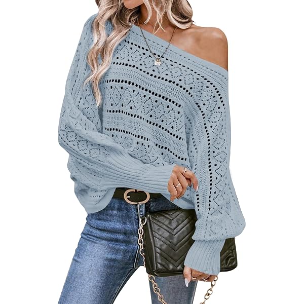 NASKY Women's Casual Knit Pullover Hollow-Out 3/4 Batwing Sleeve Lightweight And Comfortable Boho Chic Summer Sweater, Blue, Small