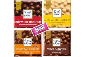 KINGDOM SUPPLIES Ritter Sport 4 x 100g Chocolate Variety Packs Nutty Nut Selection Honey Salted Almonds, Dark Whole Hazelnuts, Whole Hazelnuts and White Whole Hazelnuts with a Mini Fry's Turkish Delight Sweet