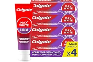 Colgate Dentifricio Sbiancante Max White Purple Reveal 4 Confezioni da 75 ml I Per Denti Bianchi I Sicuro Per Lo Smalto I Contiene Fluoro I Sbiancamento denti I Bianco naturale
