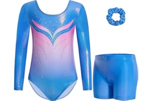 Gogokids Dziewczęcy trzyczęściowy zestaw trykotów gimnastycznych z długim rękawem, dziecięce stroje gimnastyczne z gradientowym wzorem cekinów, zawiera trykot, szorty i opaskę do włosów, błyszczący