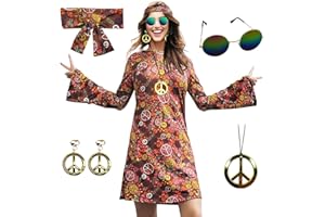 MRYUWB Damen-Hippie-Kleid, 1970er-Kostüm, mit Halskette, Ohrringen, Sonnenbrille, Disco-Outfit, 1960er-Party-Kostüm, Halloween Retro-Kleid