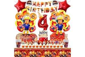 FORNINC 101 Pcs Feuerwehrmann Geburtstagsdeko,Feuerwehrmann Partygeschirr Deko,Feuerwehr Geburtstag Deko 4 jahre Junge, Feuerwehr Party mit Teller,Tasse,Servietten,Tischdecke für 10 Kinder