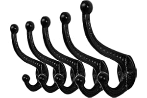 WEBI Ganchos para Abrigos,5 Hierro Fundido Gancho Perchero de Pared,Gancho Pared,Ganchos para Colgar,Colgador Pared,Percha Pared,Negro
