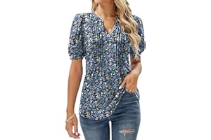 EFFAN Bluse Damen Kurzarm T-Shirts V-Ausschnitt Blumen Falten Tunika Sommer Oberteile Locker Lässig Longshirt…