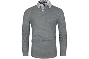 GHYUGR Men's Polo Shirt Long Sleeve Contrasting Plaid Splice Golf Tennis T-Shirt