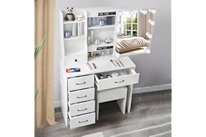 Guanglai Vanity Set Lighted Mirror and Stool, White Vanity Table with Charging Station, Bedroom Dressing Table with Drawers (White)
