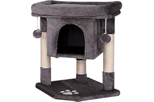 lionto Drapak dla kota z jaskinią i 2 piłkami z pluszu, z dzwoneczkiem, wysokość 60 cm, drzewko z mocnym sizalem i miękkim pluszem, wygodne legowisko, dla małych i dużych kotów, ciemnoszary