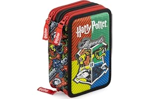 Clondo Trousse Triple Remplie Enfant, pour Harry Potter Fan, 45 Accessoires Scolaires, 3 Fermetures Éclair, Garçon et Fille, Crayons de Couleur, Feutres, Colle, Ciseaux