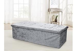 Intimates Large 2 Seater Luxury Crushed Velvet Fabric Foldaway Ottoman Stool Blanket Box Bench 76cms x 38cms (Silver)