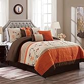 Chezmoi Collection Serene 7 Par&ccedil;a L&uuml;ks Sonbahar &Ccedil;i&ccedil;ekli Nakış Yorgan Seti, Krali&ccedil;e, Turuncu/Kahverengi/Boz Kahverengi