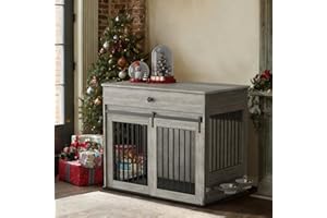 DAWNYIELD Dog Crate, Furniture Style Pet Crate with Sliding Doors, Wooden Indoor Dog Kennel Side Table with Drawer, Lockable Dog House with 360°Rotatable Bowl, Grey