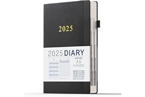 DeDe Bee Agenda 2025 Giornaliera A5 Diario Planner Totale 416 Pagine Con Piano Mensile & Tasca Interna & Chiusura Elastico, Copertina Rigida, Nero