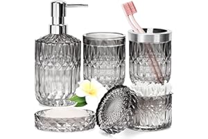 YIK TUNG Bathroom Accessories Set, 5PCS Glass Bath Decor Set, Includes Soap Dispenser, Soap Dish, Toothbrush Holder, Tumbler and Jar, Vintage Gift (Gradient Black & Clear)