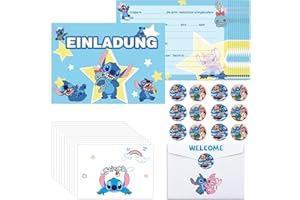 Oirigaga Stich Einladungskarten Kindergeburtstag Jungen, 12 Stück Deutsche Geburtstag Einladungskarten, Partyeinladungen mit Umschlägen und runden Aufklebern, Cartoon Anime Einladung Set für Kinder