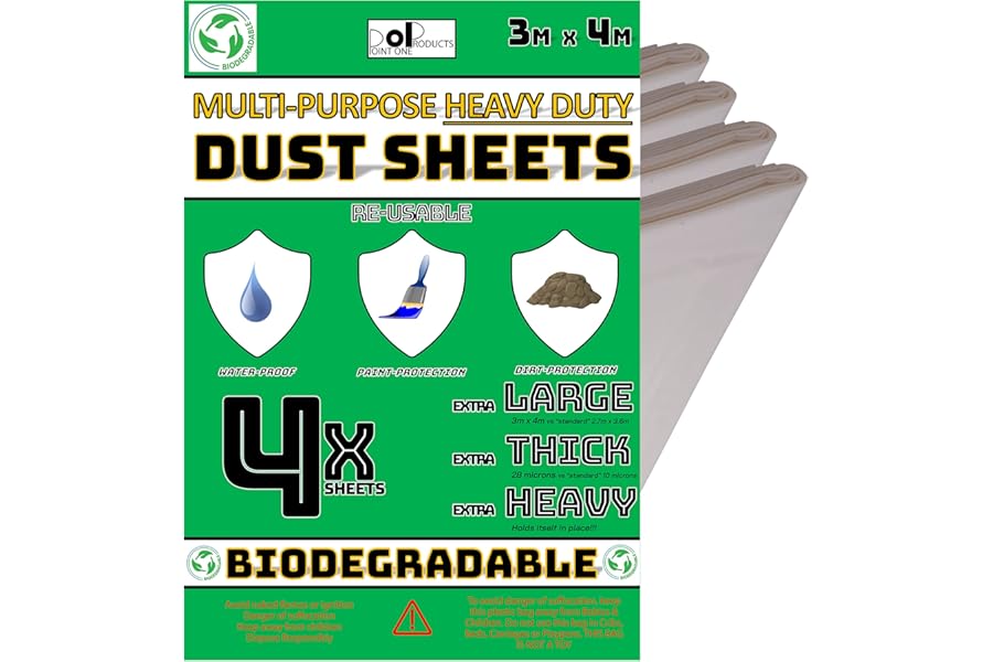 Plastic Dust Sheets for Decorating - Heavy Duty Plastic Sheeting, 100% Waterproof - Ideal Clear Plastic Sheet for use as Carpet Protector Roll. 3m x 4m, 28 microns Thick. from Point One Products Ltd.