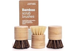 Vove | Cepillo de bambú premium | Paquete de 3 | Resistente a la suciedad, suave en la tierra | Limpieza de cocina y multiusos | Fibra natural | Cepillo de madera para platos | Larga duración | para